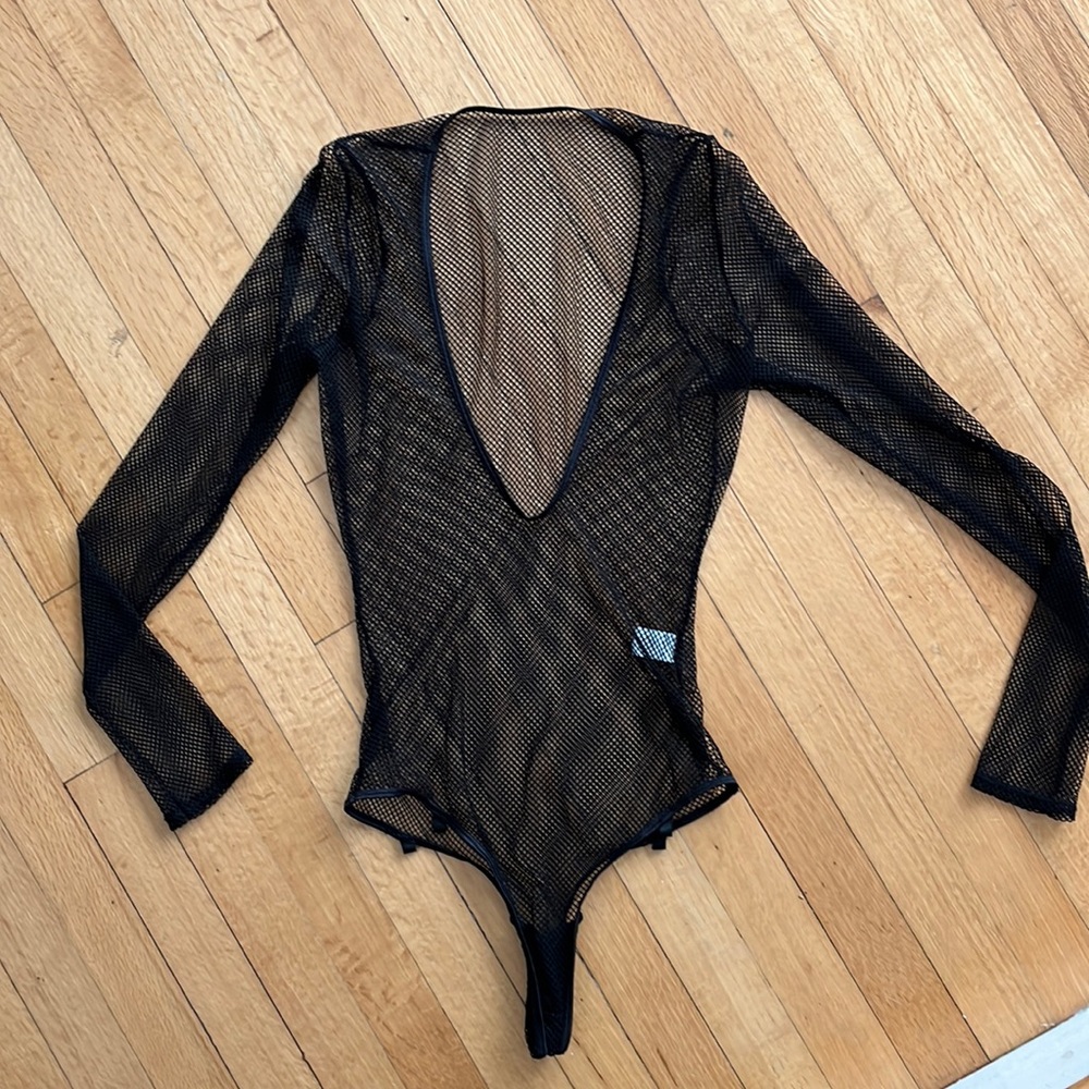 Fredericks of Hollywood black mesh bodysuit- one piece w/stocking loops. Medium